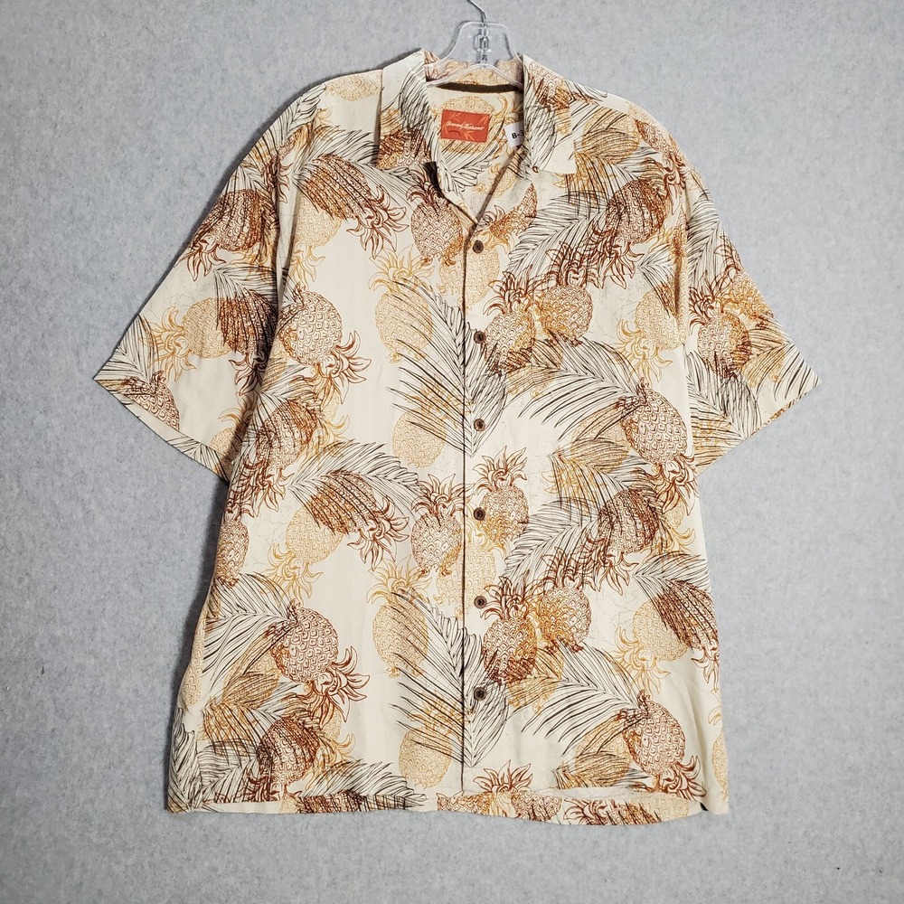 Tommy Bahama Men Button Up Shirt Large Beige Pineapple Leaf Print 100% Silk